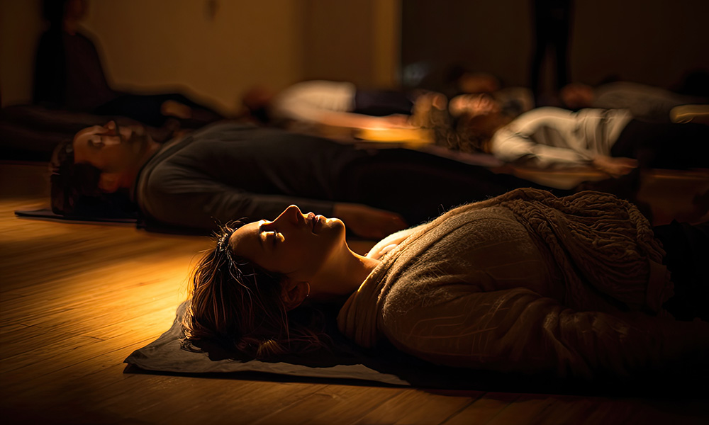 People lying down in a dimmed room, meditating, illuminated by sunlight